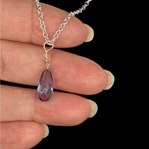Amethyst crystal Silver wire Teardrop  pendant Necklace